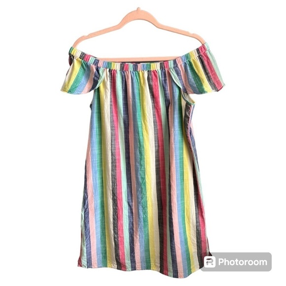 EUC J.Crew rainbow striped off the shoulder linen dress - Picture 3 of 6